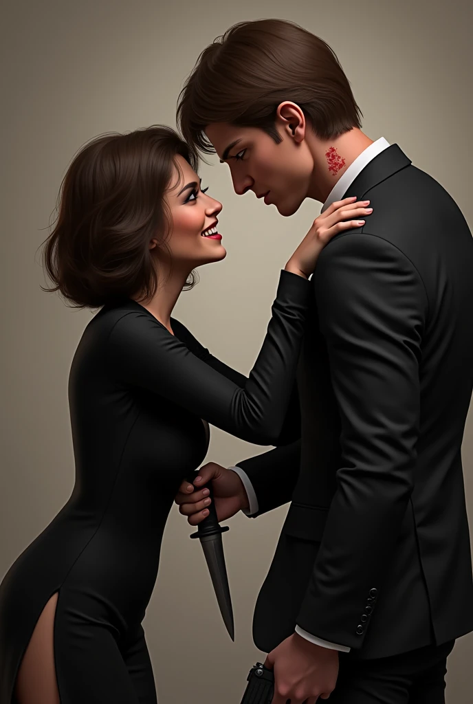 Short woman, com o brown hair ondulado na altura dos ombros. The woman is wearing a black dress, of slit. Tall man, brown hair, he is dressed in a black suit. The man is holding a gun. The woman is holding a dagger to the man&#39;s neck. He has a small ble...