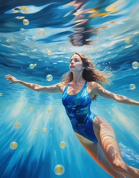 Abstract painting. Impressionist, (full body) Arms outstretched Long shot, shot of a woman underwater swimming toward the ocean surface. light beam, swimming underwater, long flowing hair, blue one-piece swimsuit, no visible accessories, prone pose, body p...