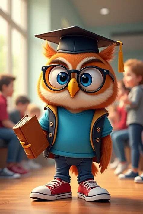 Mr. Owl, a very adorable, cheerful and intelligent owl, with vibrant plumage, wearing glasses, looks up with bright blue eyes that shine with enthusiasm, a symbol of intelligence and wisdom, is located in a modern university covered with polished wooden fl...