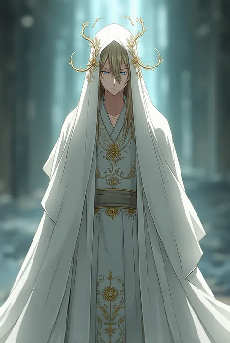 A tall man of about 2 with long, flowing, light-light brown hair. His pale blue eyes are usually downcast., as if in respect. He wears a long white veil on his head with thorns and flowers on the sides.. The man himself wears a white hanfu, on the hem of w...