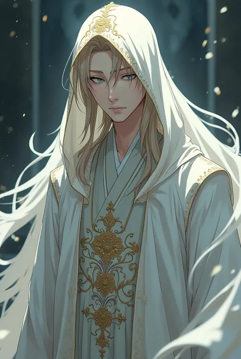 A tall man of about 2 with long, flowing, light-light brown hair. His pale blue eyes are usually downcast., as if in respect. He wears a long white veil on his head with thorns and flowers on the sides.. The man himself wears a white hanfu, on the hem of w...