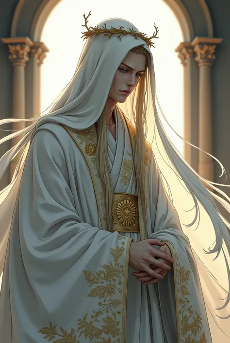 A tall man of about 2 with long, flowing, light-light brown hair. His pale blue eyes are usually downcast., as if in respect. He wears a long white veil on his head with thorns and flowers on the sides.. The man himself wears a white hanfu, on the hem of w...