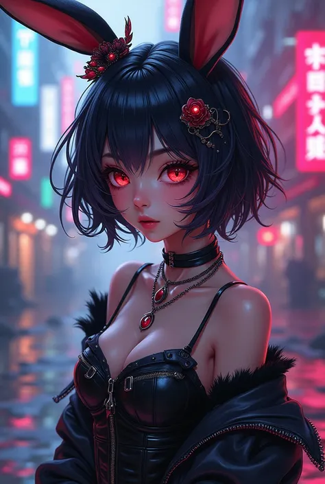 A goth punk bunny  girl gorgeous vibrat masterpiece ultra detailed anime art style 