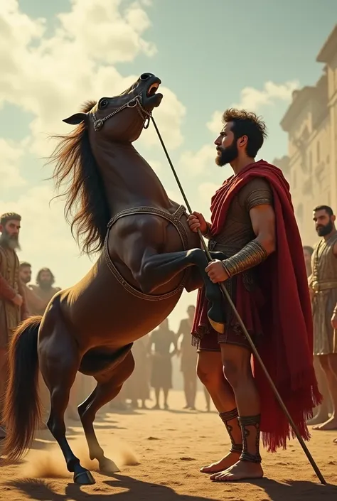 A  Sikander stands confidently in front of a wild, untamed horse. The horse, Bucephalus, is rearing up on its hind legs, its eyes wide with fear, while courtiers and King Philip watch from the background. Sikander has gently taken the horses reins, turning...