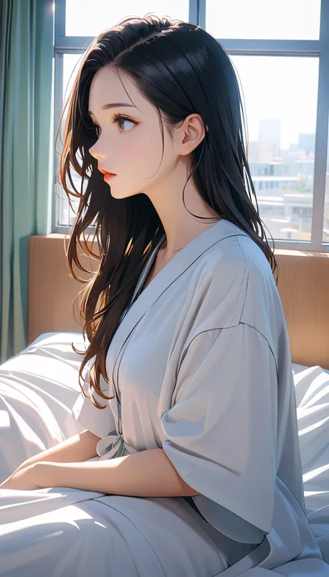 (masterpiece)、(absurdres)、(ultra detailed)、(8k), 1woman, solo, black hair, long hair, gray eyes, detailed eyes, eyelashes, orange lips, 25years old, is sitting in a hospital bed. She is wearing a hospital gown, with her long black hair cascading over her s...