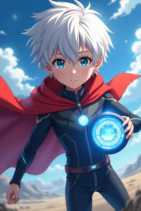 Make a boy superhero with a nice hair and cape blue eyes and white hair based on anime and is holding a circle button that can rewind and his power is to stop time and teleportation 