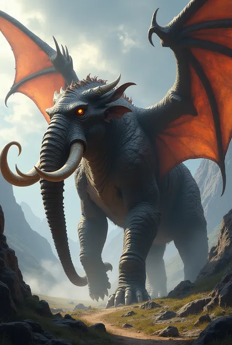 Mix of dangerous mammoth with dragon with wings