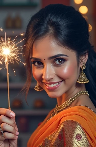 A beautiful Indian woman celebrating Diwali. She is wearing a traditional, vibrant sari with intricate gold details, standing in front of her beautifully decorated home adorned with colorful rangoli patterns and twinkling oil lamps (diyas). Her face is glo...