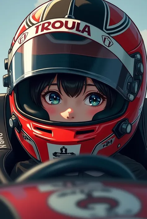 1girl is wearing F1 helmet, (((SHOEI helmet))), ((tears)), (circuit), sitting F1 cockpit, 1girl, cute girl, beautiful detailed  black hair, (((racing helmet))), (((fullface helmet:2.0))), ((covered mouth)), (((too small face area))), bikesuit, (simple desi...