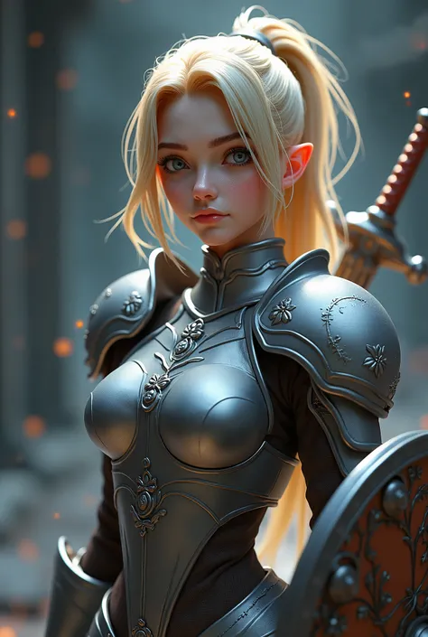 3D rendering style, 3d Anime style
full body, dark fantasy art

Mulher; Jovial appearance; lowrise; blonde; wears a ponytail; Wears silver Valkyrie-style armor; wields a sword and shield decorated with cherry leaf details 3D rendering style, 3d Anime style