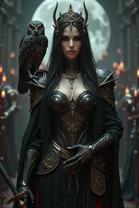 Witch, beauty, royal personlity, long and silky hair, gorgeous looking, royal gard, vampire, Horror Background, blood on weapons, devil smile, attractive chest, sexy look, fair skin tone, attractive figure, attitude, worship, owl on shoulder, armour, 