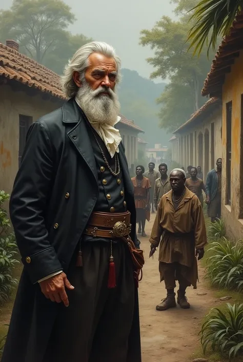 Make a gentleman from the imperial period in Brazil with white hair and a gray beard realizing that something has happened, as he watches black people working in worn-out clothes 