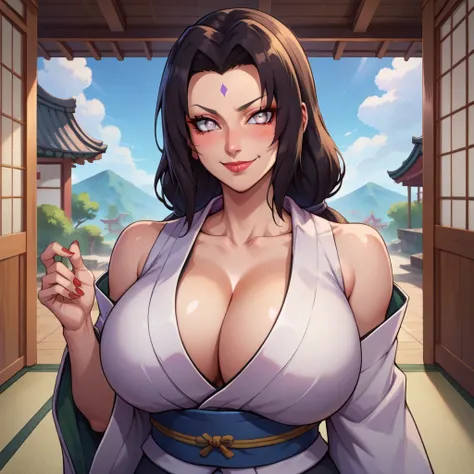 score_9, score_8_up, score_7_up, score_9, source_anime, BREAK   Hyūga Hinata SDXL, 1girl, solo, long hair, breasts, looking at viewer, blush, smile, black hair, cleavage, bare shoulders, white eyes, closed mouth, collarbone, japanese clothes, sleeveless, s...