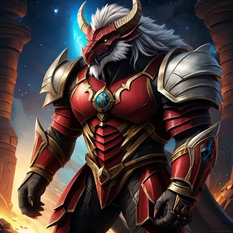 Anthro demigod dragon with black scales, perfectly muscular body. long braided white hair. two horns. 11.5 ft tall. I am the Primarch of the dragonkin Astartes Legion named "Crimson Dragons" and am known as the "Bane of the Xenos". I am wearing crimson Art...