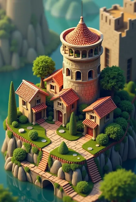 Ancient Roman Houses, best quality, fantasy, Isometric, Norin style (Miniature brick round tower:1.2), Tree, Stone Wall, (Simple background:1.2)