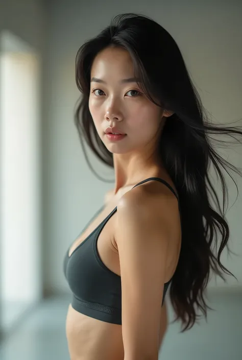 Sexy girl, work out, boobs nude, real, long hair, asian, white skin, attractive appearance