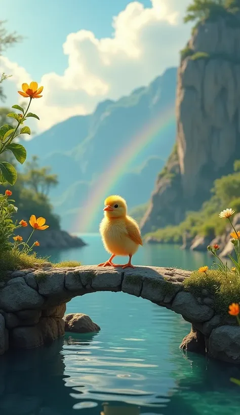 A chick walking across the Rainbow Bridge、Vast natural landscapes、High-definition images、Realistic