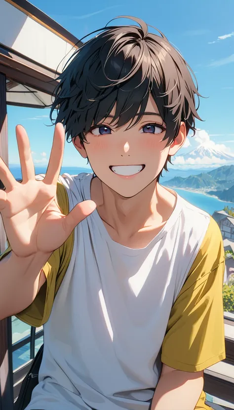 (masterpiece)、(absurdres)、(ultra detailed)、(8k), 1man, solo, short cut, black Hair, black eyes, (droopy eyes), detailed eyes, light lips, smile, Waving gesture, ２１ years old, blue sky, look at viewer