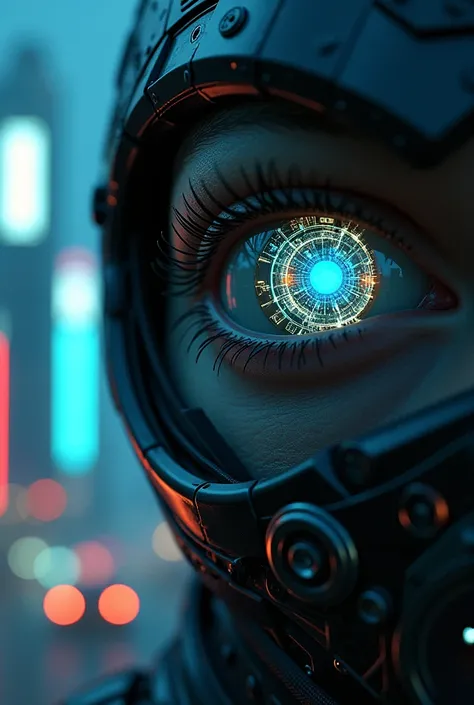 Eye cybernetic design cyberpunk reflected in iris modern city night melancholy 
