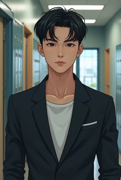 A very handsome Korean boy in high school, with a well-proportioned body, black hair and black eyes with sharp features.