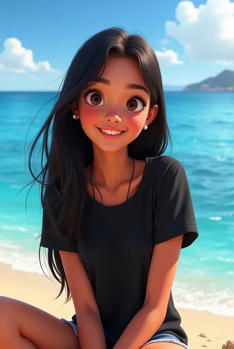 disney pixar poster that say a woman named kesya wearing a black t-shirt, straight hair and beautiful, sitting beside the blue ocean beach