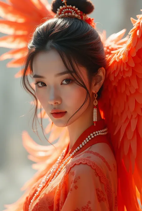 Professional photo of a beautiful Korean girl wearing a kebaya with beautiful natural stone pearls decorating the chest area, long, soft feathers decorating the shoulders, double exposure of a large phoenix in bright red, detailed photo, full HD 64k image,...