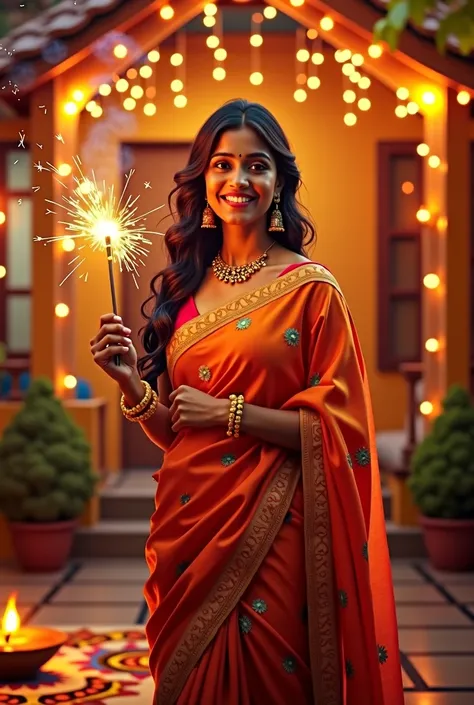 A beautiful Indian woman celebrating Diwali. She is wearing a traditional, vibrant sari with intricate gold details, standing in front of her beautifully decorated home adorned with colorful rangoli patterns and twinkling oil lamps (diyas). Her face is glo...