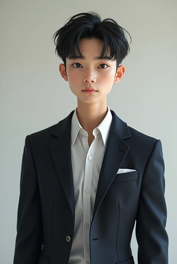 Very handsome Korean boy in high school, detailed features, well-proportioned body, with black hair and black eyes with sharp features, sharp hair, 