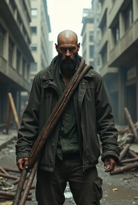 Bald guy with beard with crazy smile standing with rebar in Moscow