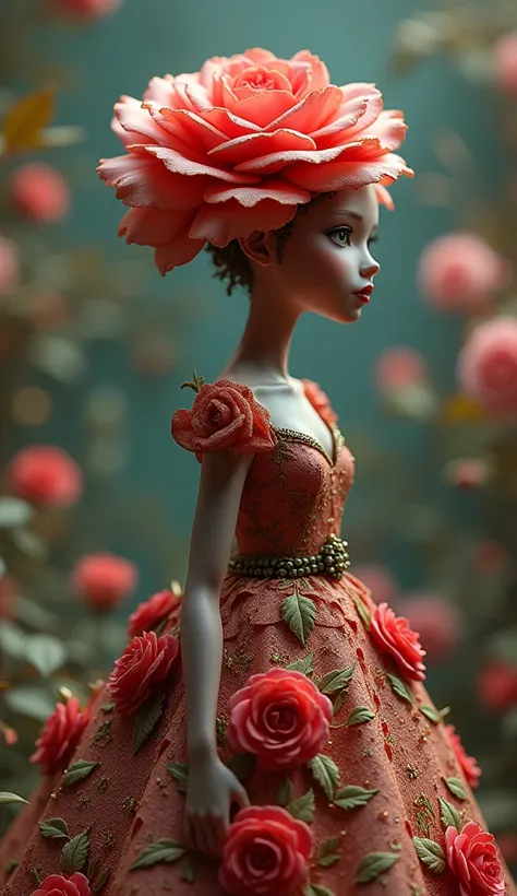 a small humanoid rose, alice in wonderland, extremely detailed ornate dress, (best quality,4k,8k,highres,masterpiece:1.2),ultra-detailed,(realistic,photorealistic,photo-realistic:1.37),HDR,UHD,studio lighting,ultra-fine painting,sharp focus,physically-base...