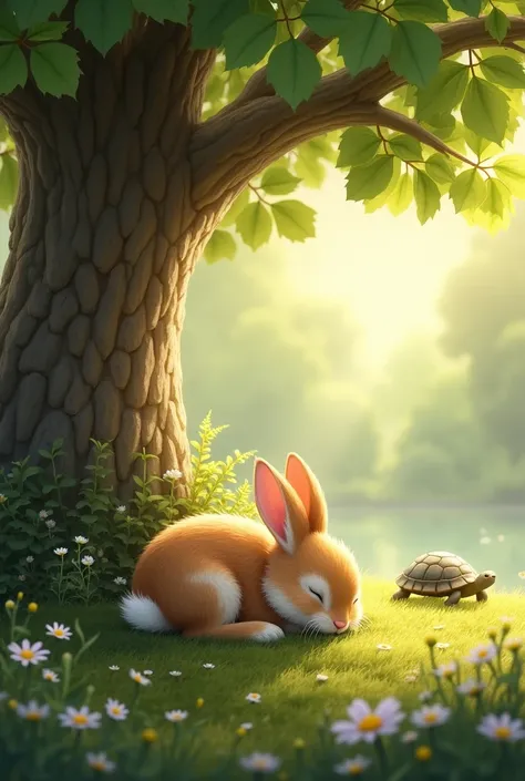 little Rabbit Taking a Nap: The rabbit rests under a large tree, curled up for a nap. The scene is peaceful with sunlight filtering through the leaves turtle run away