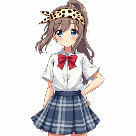 Anime school girl with a blue, gray and white skirt, a white shirt, a red bow and a jaguar-print bandana. She wears a ponytail.