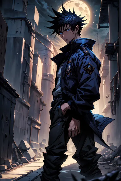 1boy, full body shot, 175 cm, megumi fushiguro, dark blue eyes, black outfit, black hair with long spikes that jut out in every direction around his head, wearing dark blue jacket over a long-sleeved white dress shirt. His uniform pants match his jacket,He...