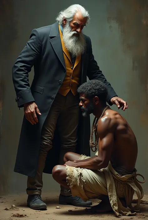 Make a gentleman from the imperial period in Brazil with a gray beard and white hair going after a seated person with black skin and torn and worn clothes 