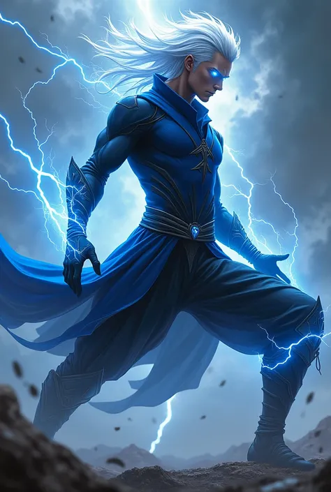 Male Lightning ninja wearing black and blue with white hair and glowing eyes
