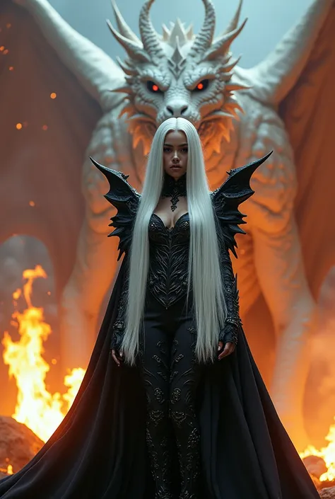 a woman in a dragon costume standing in front of a fire, winner of the CGS society competition, gothic art, cosplay on black, extremely detailed artgerm, in fantasy formal attire, queen of darkness, dragon in the background,white hair of a girl, a white dr...