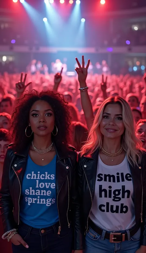 concert, View from the stage to the audience, beautiful women, caramel Latinas with big breasts wearing a black leather jacket and blue shirts with print "chicks love Shane springs" wear and wear gold jewelry and large hoop earrings, Blondes with white shi...