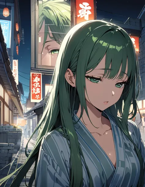 ((masterpiece)、(absurdres)、(ultra detailed)、(8k),Anatomically correct,anime illustration,(solo lady),(shiny dark green hair),(dark green eyes),(straight long hair),BREAK,small breast:0.9,BREAK,Yukata,maple street,Japan castle in the distance:0.6,sife view,...