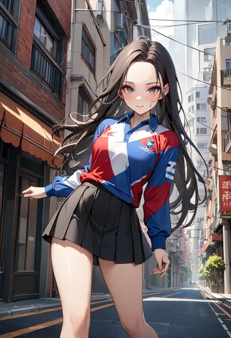 8k,high res,Skin details, Beautiful facial features, Exquisite makeup, forehead,large long sleeve rugby shirt,Black mini skirt,whole body,Building district,Semi-long hair --p