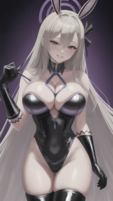  Erotic、Blue Archive　Asuna、Cream colored hair、Big Breasts, alone, Black latex bunny suit　Bunny girl、Amitants, Purple evil background、 Highest quality, Detailed face, Detailed eyes, High resolution,Upper Body、Evil female executive、Wicked Smile、Cleavage、Sexy...