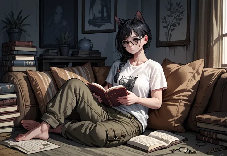 (zPDXL2), (PonyXLV6_Scores), source_anime, Expressiveh, 

solo, 1girl, full body, cute, beautiful, adult cat girl, black hair, one braid hairstyle, detailed, big t-shirt, cargo pants, reading glasses, holding a book in her hands, Masterpiece, best quality,...