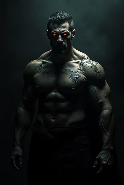 A Muscular man, Face completely dark at Night, Eyes glowing In the dark, Several wound marks on the body, Anger.