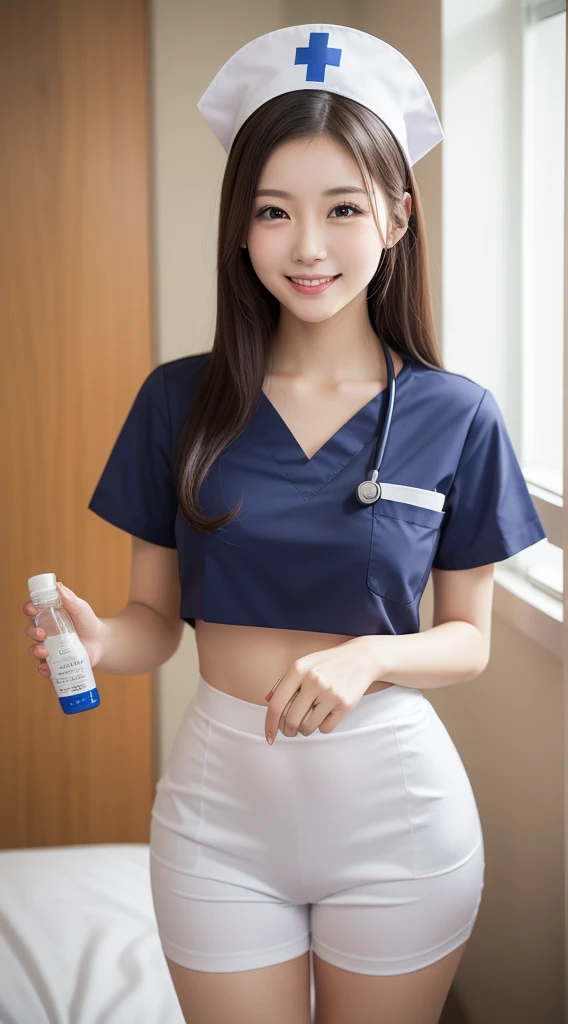 Beautiful female nurse in medium breasts and very tight short nurse clothes, Nurses Cap、Holding a medicine bottle, A dark-haired, tonned skin, Hospital Room, A smile、A sexy、