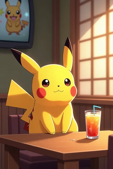 Pikachu watching the TV show Yoshida Rui&#39;s Sake Bar Wanderings、Cute table、juice