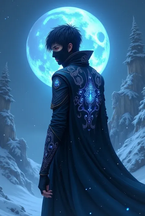 Race: Humanoid male, Memoir race
Face: black mask covering his face
Eyes: , red eyes
Hair: Jet-black with blue undertones, slightly messy
Markings: Blue magical markings across the back
Clothing: Dark attire with glowing blue symbols and intricate designs
...