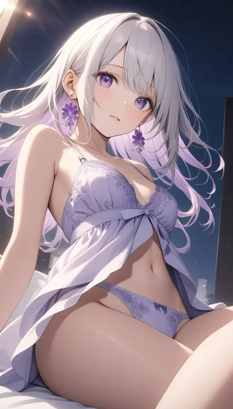 One,Cute  girl,((Simple earrings))、((White hair color、Light purple inner color hairstyle、Straight hair type), （Light-coloured bra and panties with delicate embroidery)、Smooth beautiful hair,、splash, Lens Flare,Natural Color, High resolution, Very delicate,...