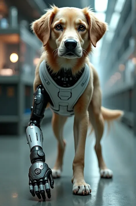 A dog with robotic hand