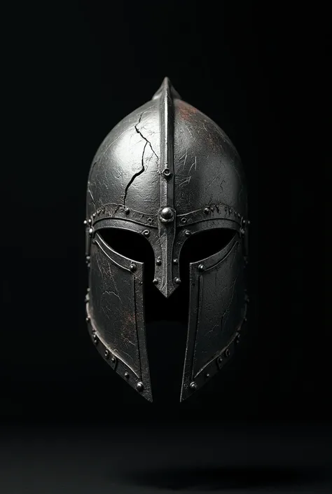 A broken knight&#39;s helmet the background is empty and black