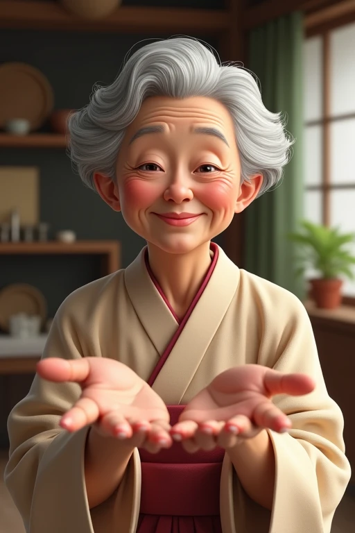 Japanese grandmother smiling and showing us her nails on the back of her hand