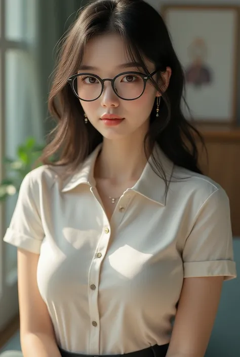 An image of Chinese school girl aged 20. Shes wearing modest polo and skirt, and her curves are evident, her chest big and evident, and she looks so feminine, she wears eyeglasses. 